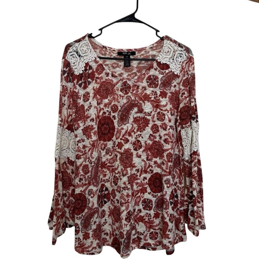 Style & Co | Auburn Rust Peasant Top Floral Flare Sleeve Crochet Petite Medium